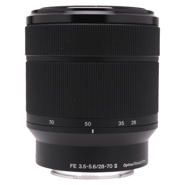 Sony FE 28-70mm f3.5-5.6 II zoom lens front three-quarter view with zoom scale