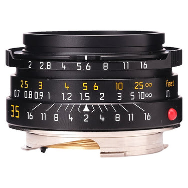 Mandler 35mm f2 7-Element lens front three-quarter view showing aperture and distance scales