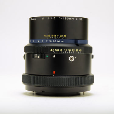 Mamiya Sekor Z 180mm f4.5 L lens, side view showing aperture and distance scales and nameplate