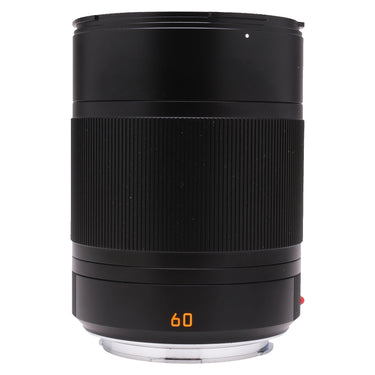 Leica APO-Macro-Elmarit-TL 60mm standing upright with hood mounted, orange 60 marking and red index