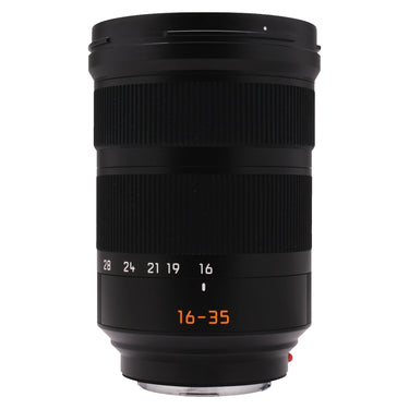 Leica Super-Vario-Elmar-SL 16-35mm lens front-standing view with zoom scale and hood