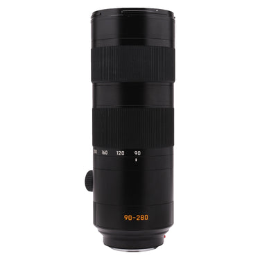 Leica 90-280mm f2.8-4 APO-Vario-Elmarit-SL lens standing upright with hood and zoom scale