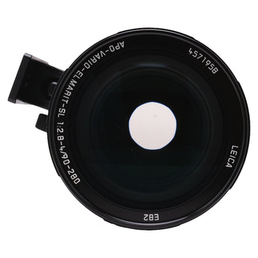 Leica 90-280mm SL front element with model engraving, serial number, and E82 filter thread