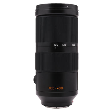 Leica Vario-Elmar-SL 100-400mm side view with hood mounted and zoom focal-length scale