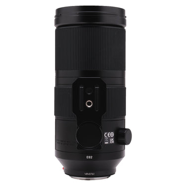 Leica Vario-Elmar-SL 100-400mm rear-quarter view showing tripod collar, E82 marking and serial number