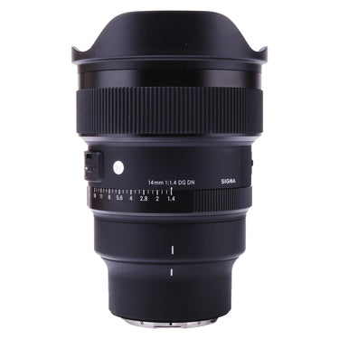Sigma 14mm f1.4 DG DN Art side view with built-in petal hood and engraved serial number