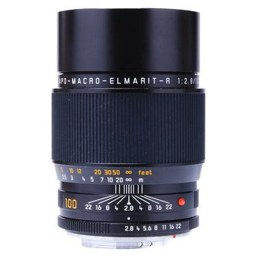 Leica APO-Macro-Elmarit-R 100mm f2.8 side view with distance and aperture scales, hood extended