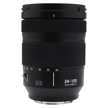 Panasonic LUMIX S 24-105mm f4 side view showing zoom scale and LOCK switch