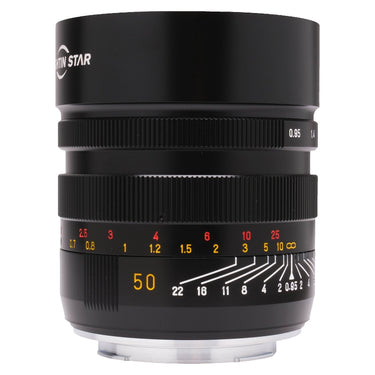 Brightin Star 50mm f0.95 lens front three-quarter view with distance and aperture scales
