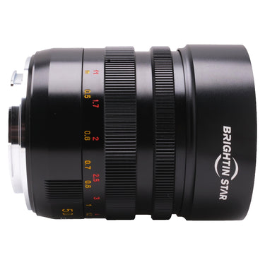 Brightin Star 50mm f0.95 side view showing focus and aperture rings and logo