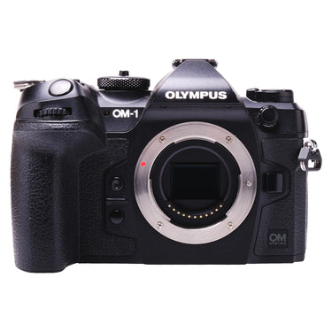 Olympus OM-1 front view with bare lens mount and exposed sensor
