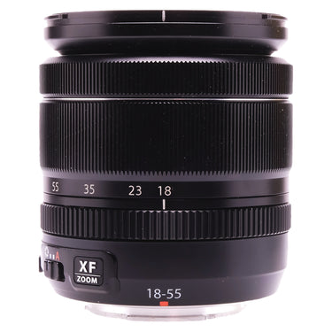 Fujifilm XF 18-55mm f2.8-4 lens front barrel with zoom scale and aperture switch