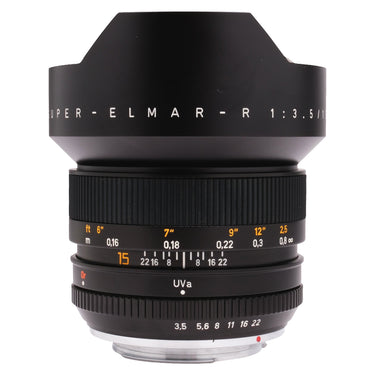 Leica Super-Elmar-R 15mm front view with built-in petal hood and focus scale