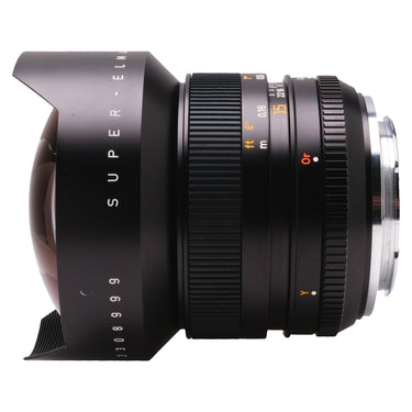 Leica Super-Elmar-R 15mm side profile with petal hood and Leica R mount