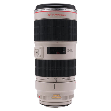 Canon EF 70-200mm f2.8 L IS II USM standing upright, front barrel and focus distance window