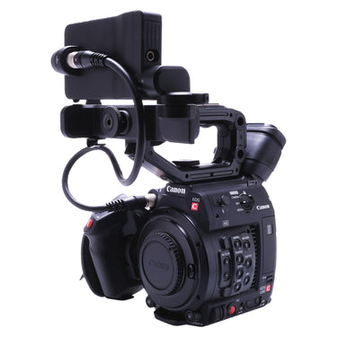Canon EOS C200 front three-quarter view with monitor and top handle mounted