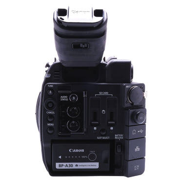Canon EOS C200 rear view with BP-A30 battery and dual SD card slots