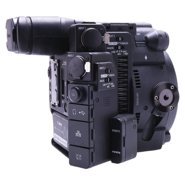 Canon EOS C200 left side inputs, ports, and battery