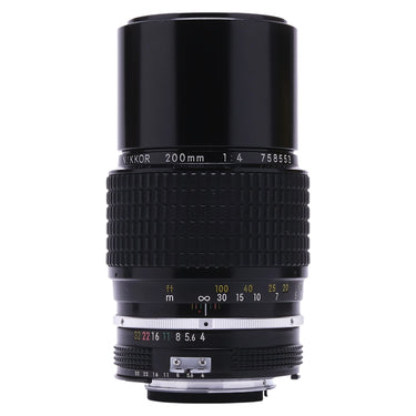 Nikon 200mm f4 AI Nikkor lens front view with barrel markings and serial number