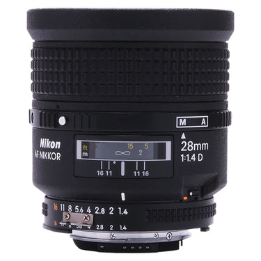Nikon AF Nikkor 28mm f1.4 D lens side view showing focus ring and distance scale
