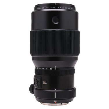 Fujifilm GF 250mm f4 R LM OIS WR front standing view showing barrel markings and tripod foot