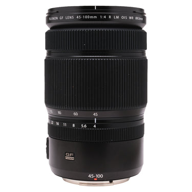 Fujifilm GF 45-100mm f4 lens standing front view with FUJINON GF barrel markings