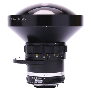 Nikon 8mm f2.8 Fisheye-Nikkor side view showing serial number and distance scale