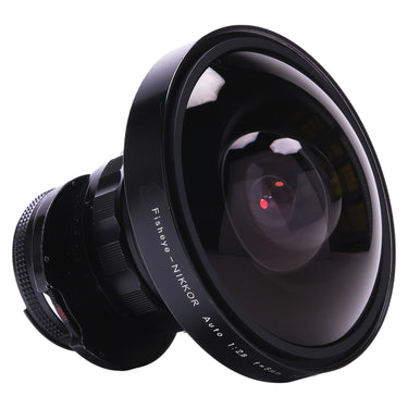 Nikon 8mm f2.8 Fisheye-Nikkor front angle showing Fisheye-Nikkor engraving