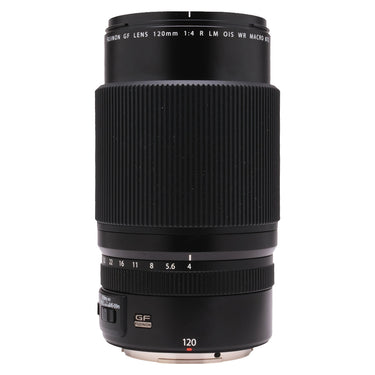 Fujifilm GF 120mm F4 Macro front barrel showing FUJINON GF LENS 120mm 1:4 R LM OIS WR MACRO markings