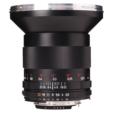 Zeiss 21mm f2.8 Distagon ZF.2 side view with hood mounted and focus and aperture scales
