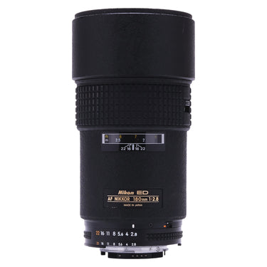 Nikon 180mm f2.8 ED AF Nikkor front view with built-in hood extended