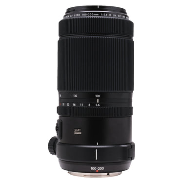Fujifilm GF 100-200mm f5.6 lens standing upright, zoom and aperture rings and tripod foot
