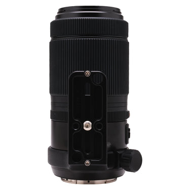 Fujifilm GF 100-200mm lens rear-side view with Arca-Swiss quick release plate on tripod foot