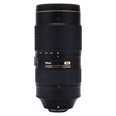 Nikon AF-S 80-400mm VR lens side view with zoom scale and focus distance window