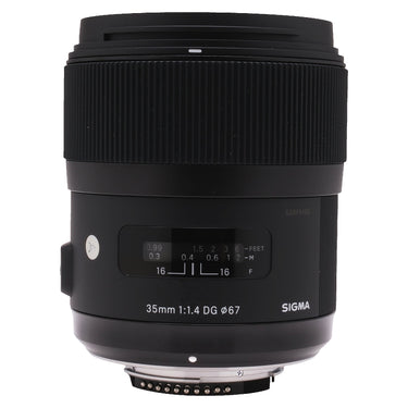 Sigma 35mm f1.4 DG Art front-quarter view with hood mounted, distance scale and serial number