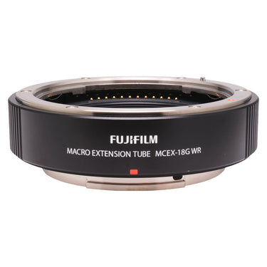 Fujifilm MCEX-18G WR macro extension tube front with electronic contacts and model branding