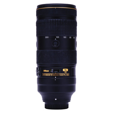Nikon 70-200mm f2.8E FL ED VR lens standing upright showing zoom scale and focus window