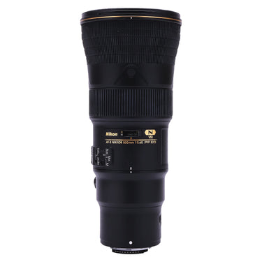 Nikon AF-S 500mm f5.6E PF ED VR standing upright, front view with control switches and name plate
