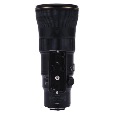 Nikon 500mm f5.6E PF rear view showing tripod collar foot and engraved serial 212650