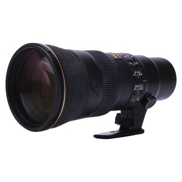 Nikon AF-S 500mm f5.6E PF angled front view showing front element and side switches