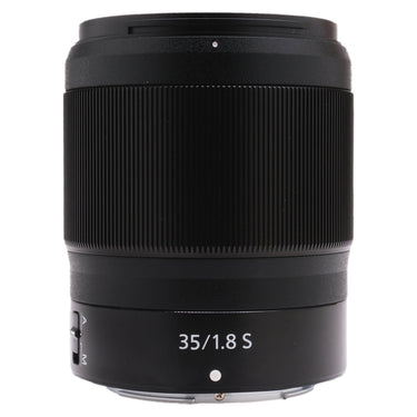 Nikon Z 35mm f1.8 S front three-quarter view showing 35/1.8 S label and A/M switch