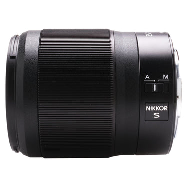 Nikon Z 35mm f1.8 S side view showing A/M switch and NIKKOR S badge