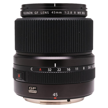 Fujifilm GF 45mm f2.8 R WR front view showing barrel markings and aperture ring