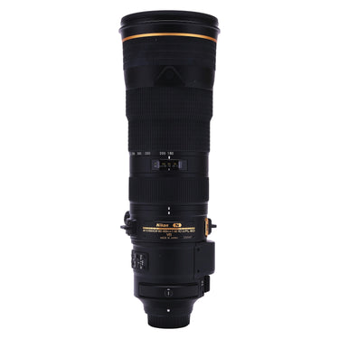 Nikon 180-400mm f4E TC1.4 FL lens standing vertical, side view with name plate and serial