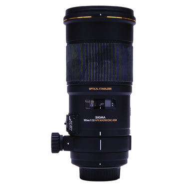 Sigma 180mm f2.8 APO Macro standing upright, front view with hood and controls
