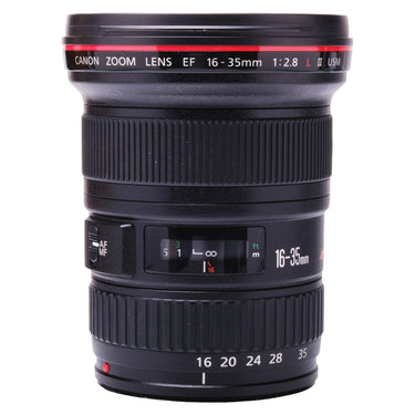 Canon EF 16-35mm f2.8 L II USM front barrel showing name ring, focus window and zoom scale