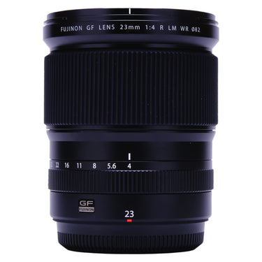 Fujifilm GF 23mm f4 R LM WR front view showing barrel markings and aperture ring