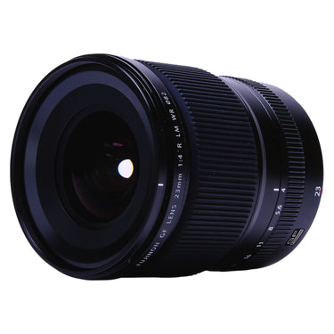 Fujifilm GF 23mm f4 angled front view with front glass and barrel engraving