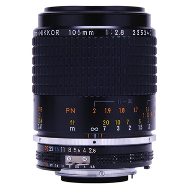 Nikon 105mm f2.8 Micro-Nikkor AIS side view showing focal length engraving and serial number