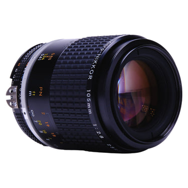 Nikon 105mm f2.8 Micro-Nikkor angled front view with barrel markings